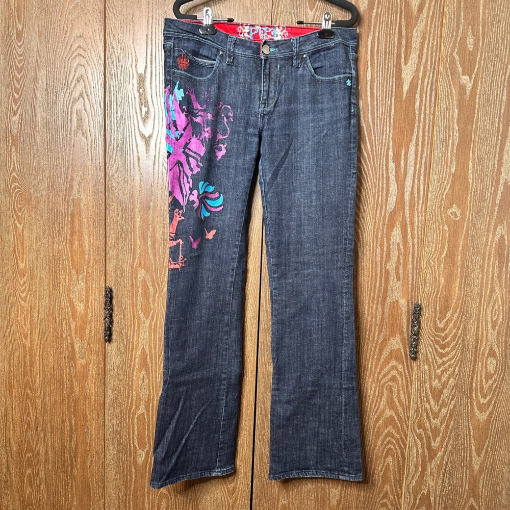 Pepe Jeans London Dark Royalty Graphic Print Flare Jeans Blue Size 31 Y2K Street
